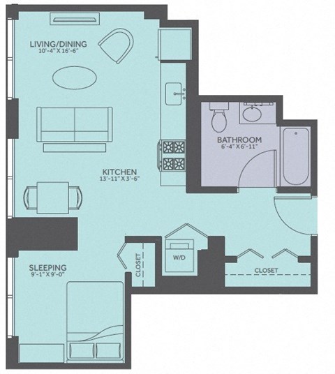 Floor plan for studio, 1 bath, 558 sqft